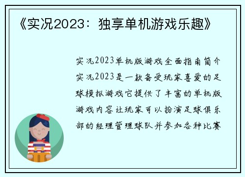 《实况2023：独享单机游戏乐趣》